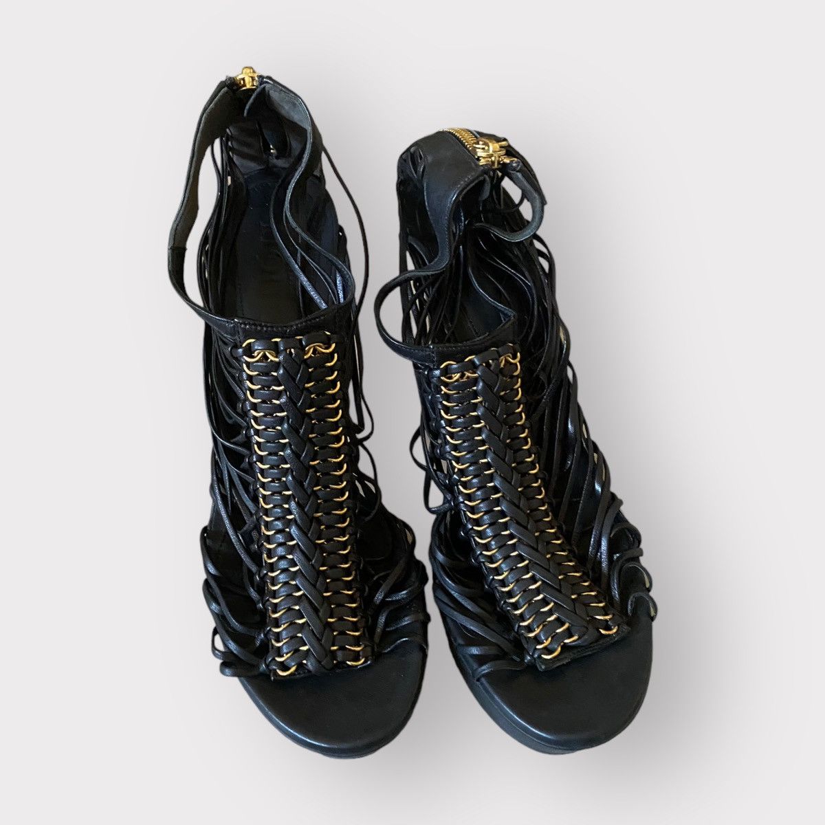 Alexander McQueen strappy platform black leather w/gold tone stiletto heels Size US 9 / IT 39 - 1 Thumbnail