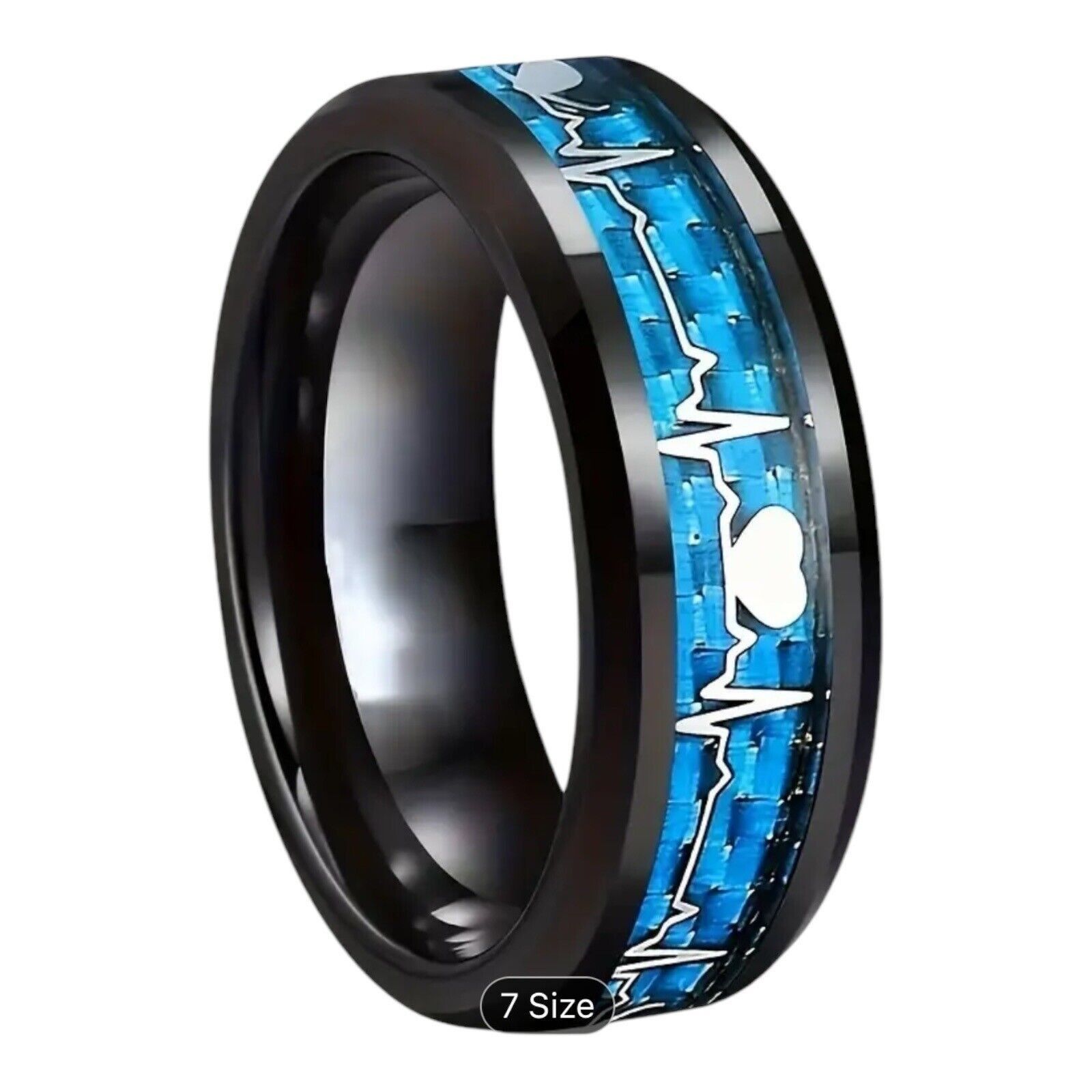 Designer Black Tungsten Carbide Ring With Blue Carbon Fiber Inlay & H Size ONE SIZE - 4 Thumbnail