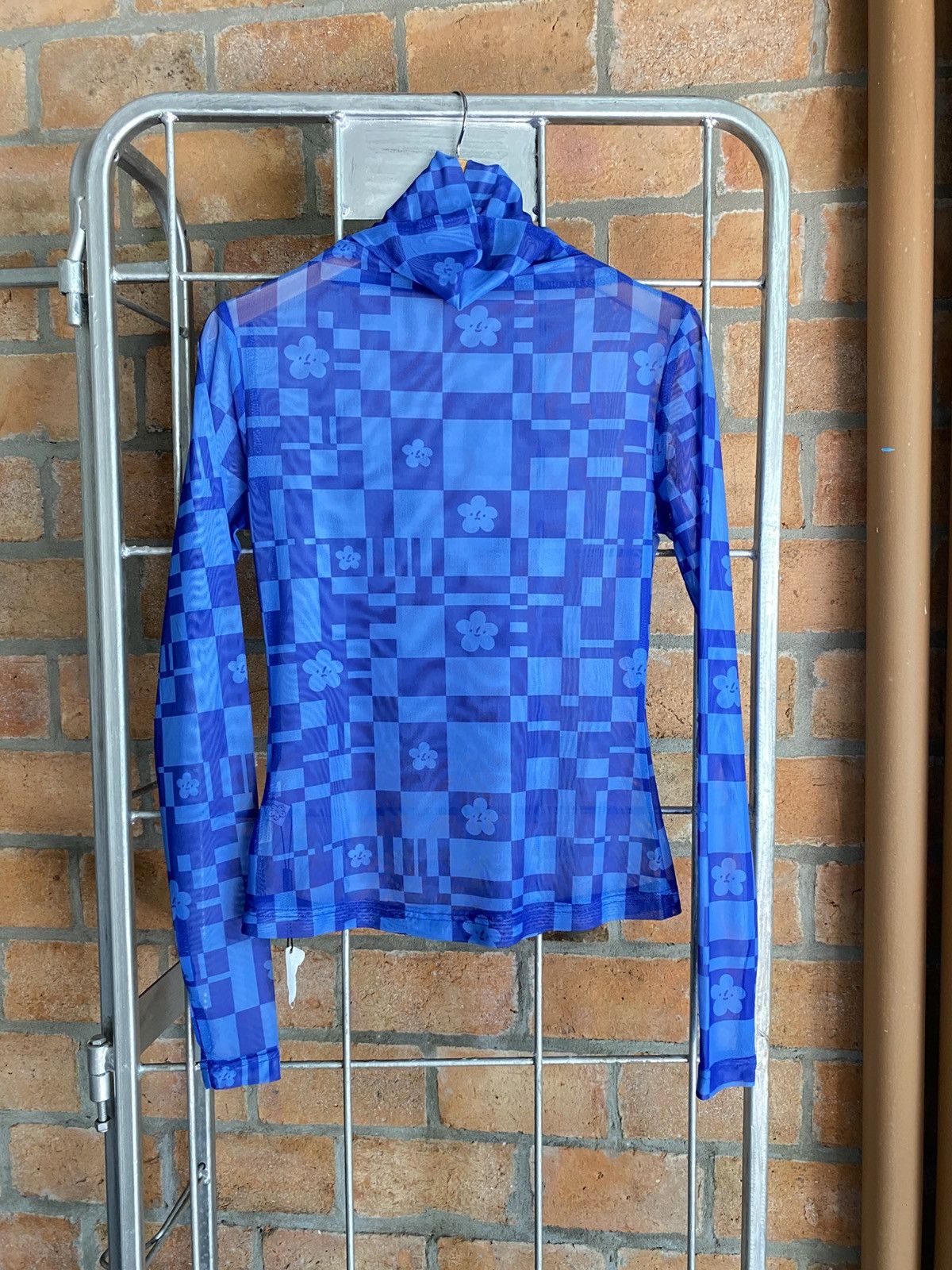 Japanese Brand Blue Sheer Checkered Floral Turtleneck Top Size S / US 4 / IT 40 - 10 Thumbnail