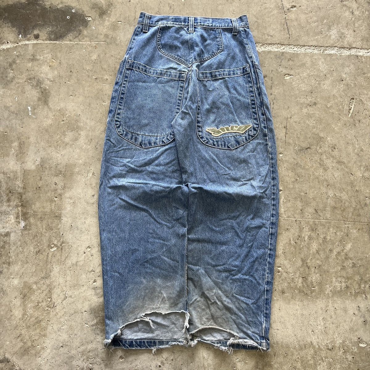 image of Distressed Denim x Jnco Vintage 90's Jnco The Low Down Baggy Distressed Jeans in Blue (Size 30)