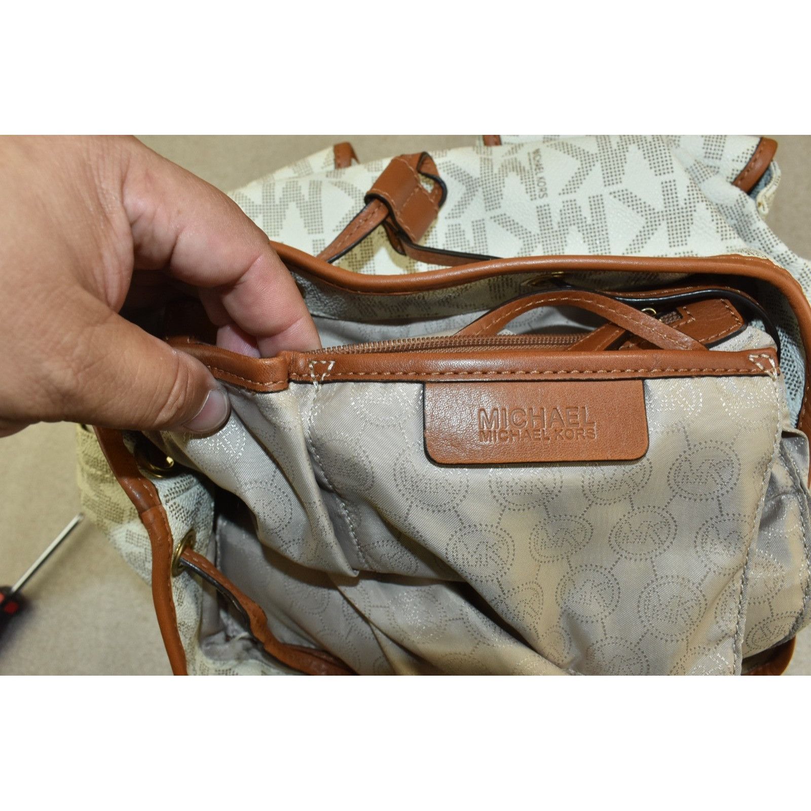Michael Kors Michael Michael Kors Monogram Drawstrings Backpack Beige/Bro Size ONE SIZE - 9 Thumbnail