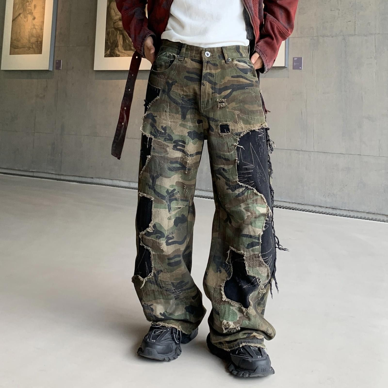 Japanese Brand Camo Distressed Baggy Cargo Pants, Wide Leg Trousers Size US 30 / EU 46 - 4 Thumbnail