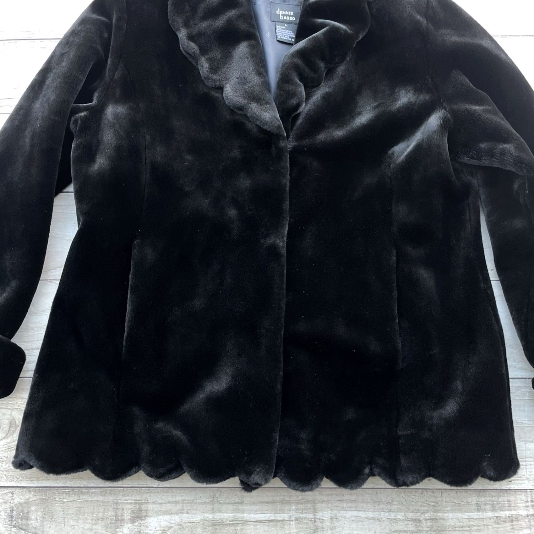 Vintage Dennis Basso Black Faux Fur Overcoat Women’s Large Mid-Length Collared Scalloped Fur Trim Coat Size L / US 10 / IT 46 - 3 Thumbnail