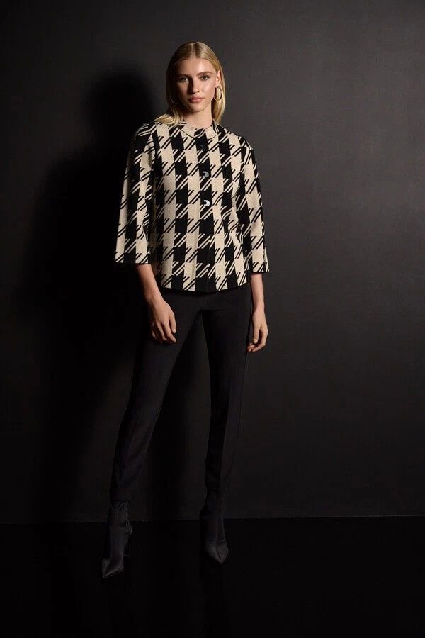 Joseph Ribkoff Cardigan Black & Sand Houndstooth Motif Jacket Size S NEW Size S / US 4 / IT 40 - 4 Thumbnail
