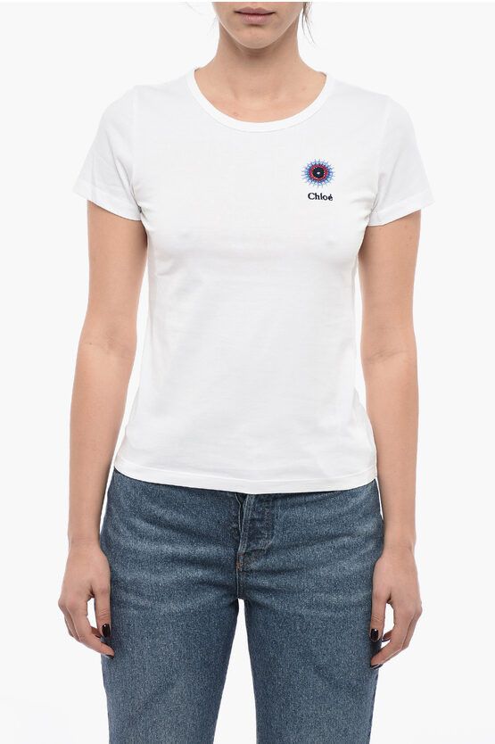 image of Chloe Craft Crew Neck Cotton T-Shirt With Embroidery in White, Women's (Size Medium)