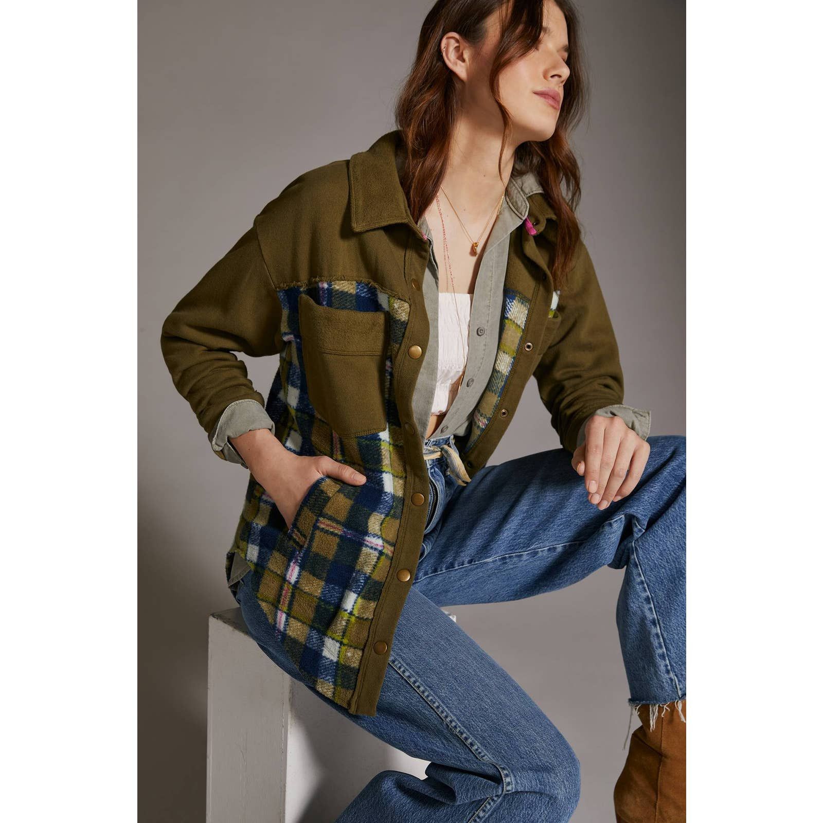 image of New Anthropologie Pilcro Plaid Contrast Shirt Jacket $140 Xs in Green, Women's