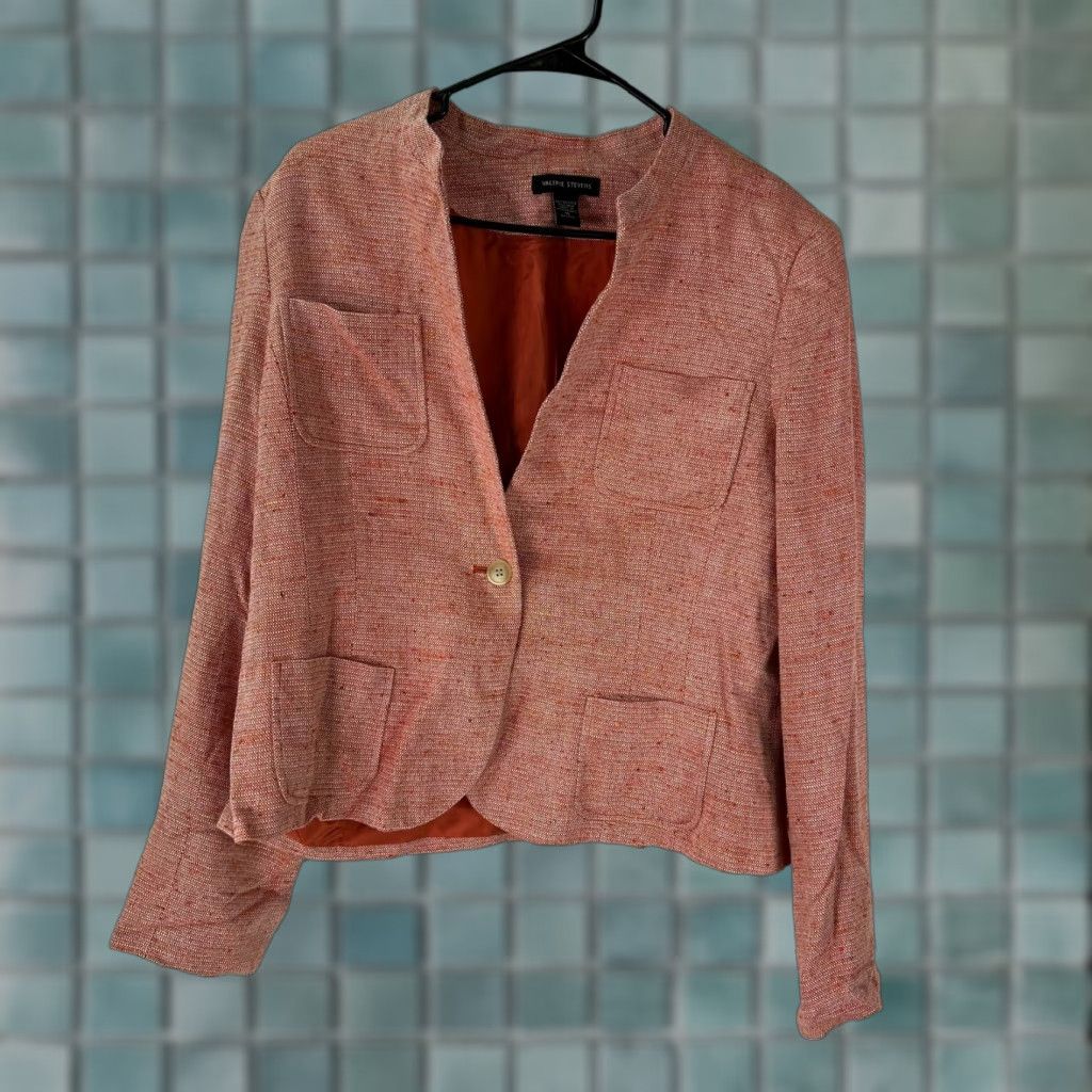 Vintage Vintage Valerie Stevens Women's Blazer Jacket Size 16 Orange Woven Lined Pockets Casual Spring Fall Summer Size XXL / US 16-18 / IT 52-54 - 1 Thumbnail