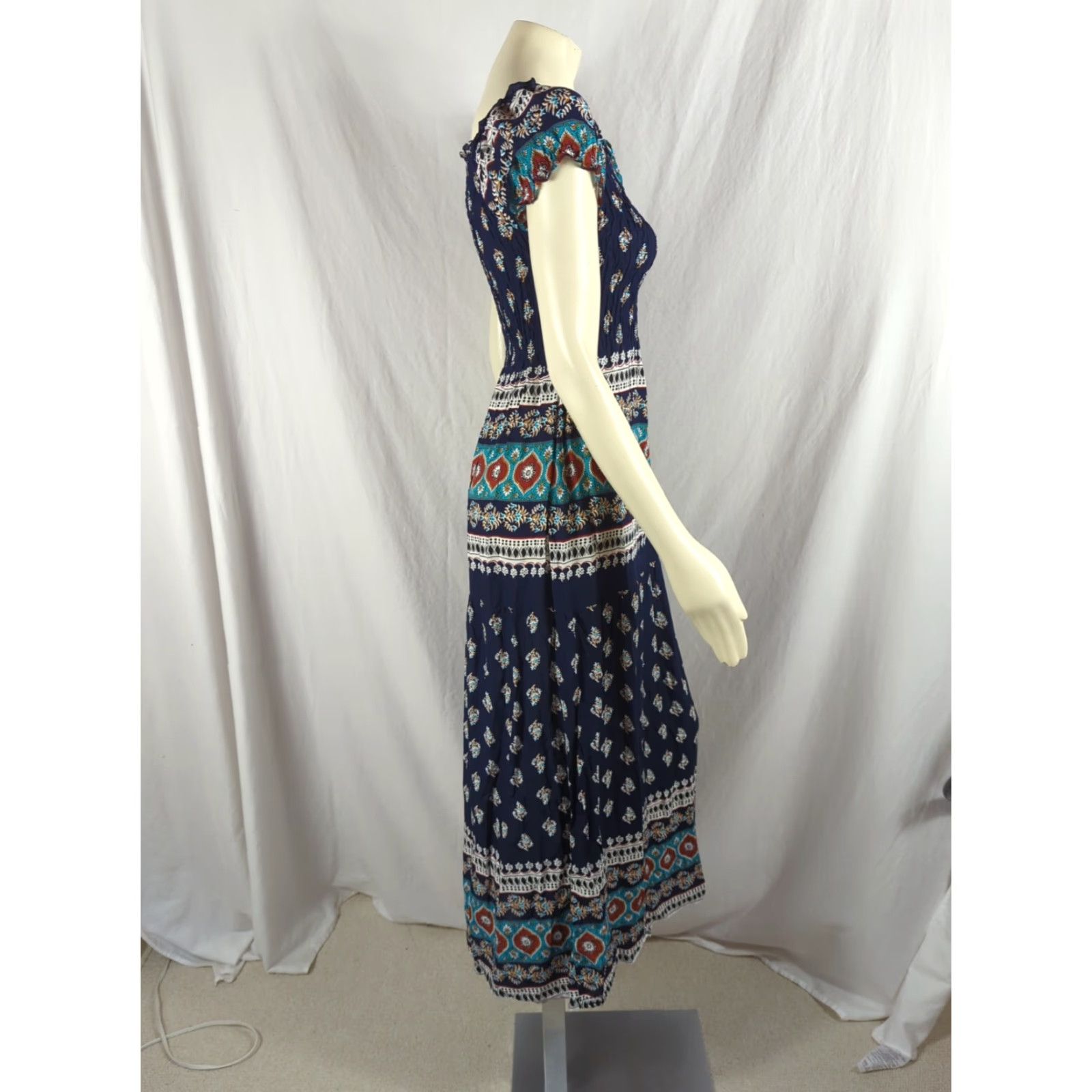 Vintage Kindred Anthropologie Maxi Dress Navy Blue S Short Sleeve Square Neck Smocked Bodice Ruffle Beach Flower Peasant Size S / US 4 / IT 40 - 6 Thumbnail