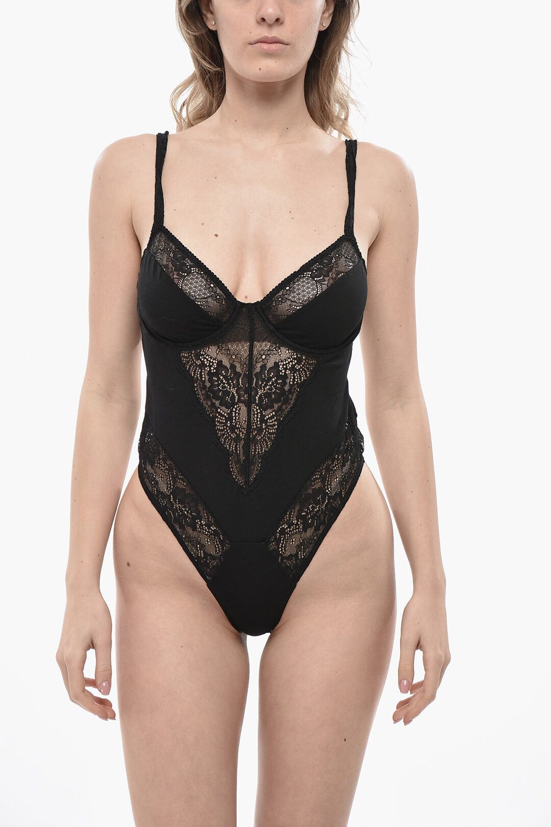 Dsquared2 Stretch Cotton Bodysuit SEXY PUNK With Lace Inserts And Open Back Size ONE SIZE - 1 Thumbnail