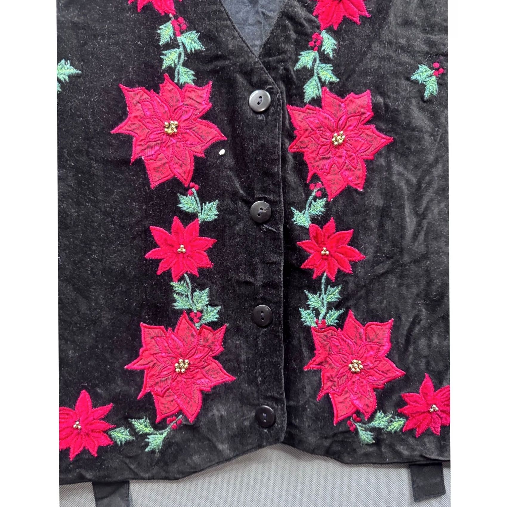 Vintage VINTAGE Casey & Max Vest Womens Black Cotton Embroidered Poinsettia Christmas Medium Size M / US 6-8 / IT 42-44 - 2 Thumbnail