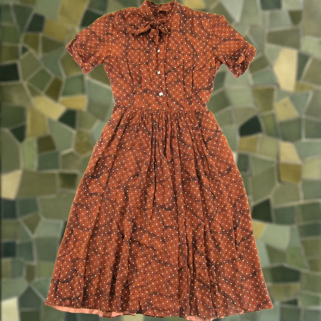 Vintage VTG 1960s Handmade Rayon Polka Dot Midi Sheath Dress XS Brown Black White Pockets Zipper Button Vintage Women Size XS / US 0-2 / IT 36-38 - 1 Thumbnail