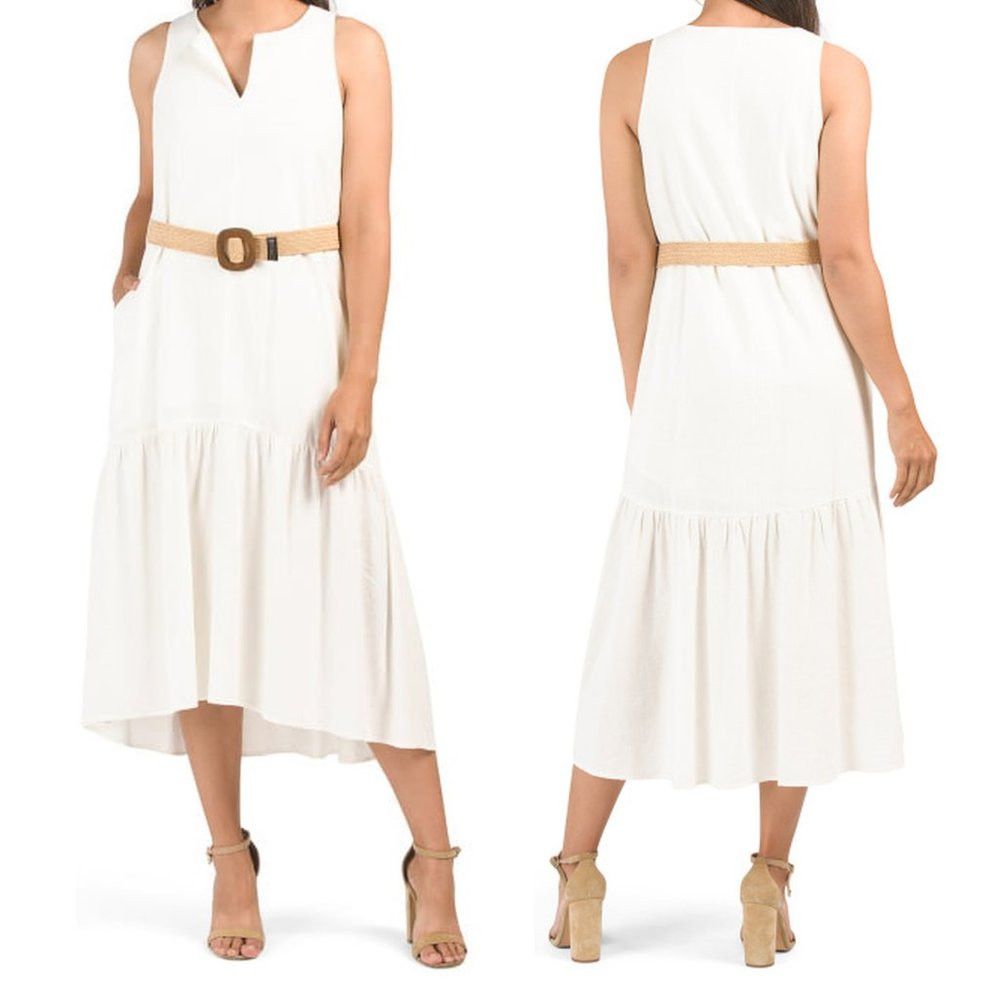 Other NWT New Adyson Parker White Split Neck Easy Tiered Linen Dr Size L / US 10 / IT 46 - 1 Thumbnail