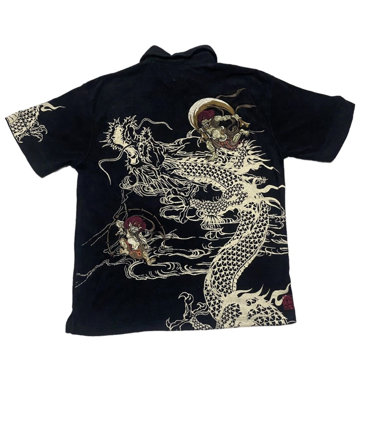 image of Kimono Japan Dragon Kara Kuri Yamashi Dragon Print Foam Embroidered Tshirt in Black (Size Large)
