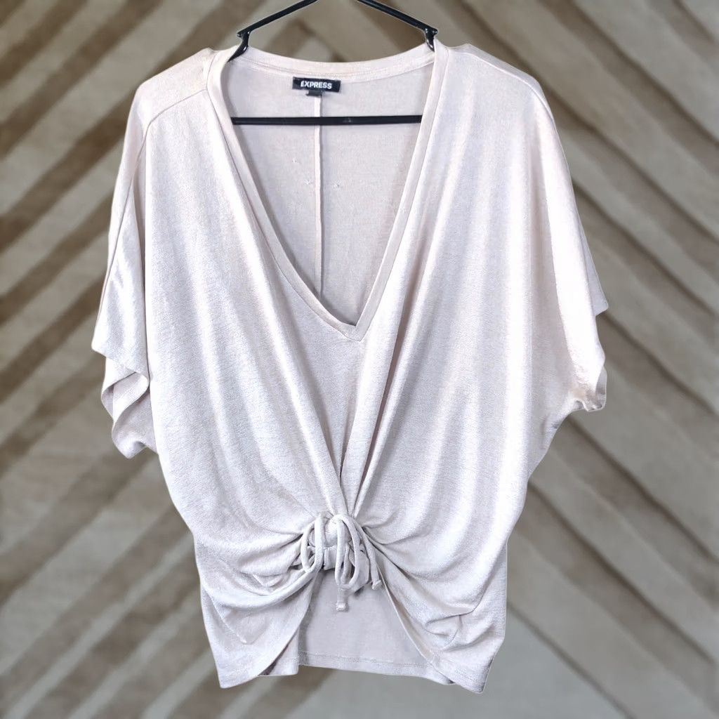 Express Express Blouse Tan V-Neck Front Knot Short Sleeve Stretch XL Women Size XL / US 12-14 / IT 48-50 - 1 Thumbnail