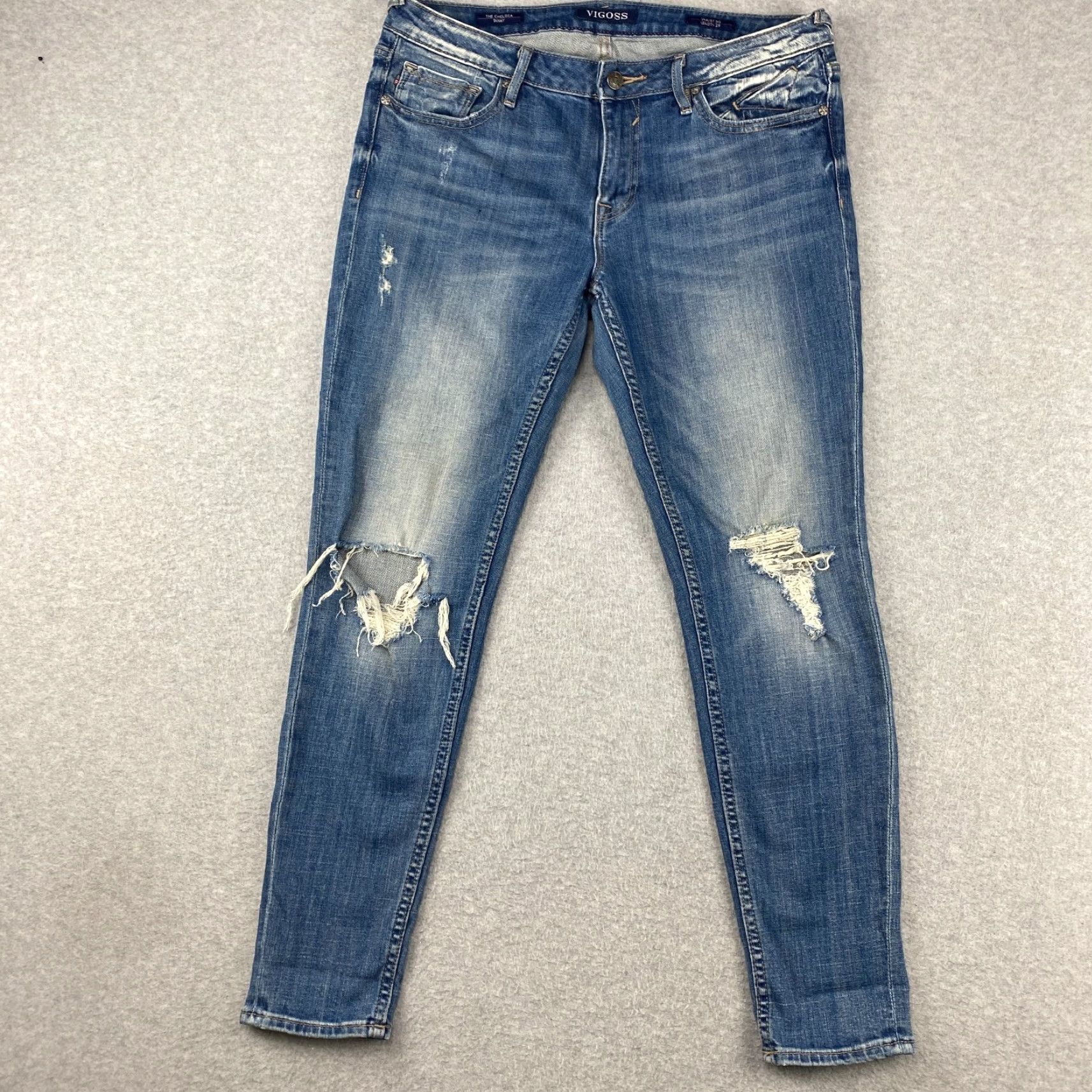 Vintage VIGOSS Chelsea Skinny Jeans 33x28 Blue Ankle Stretch Denim Distressed Logo Belt Loops 5-Pocket Women Size 24" / US 00 / IT 34 - 3 Thumbnail