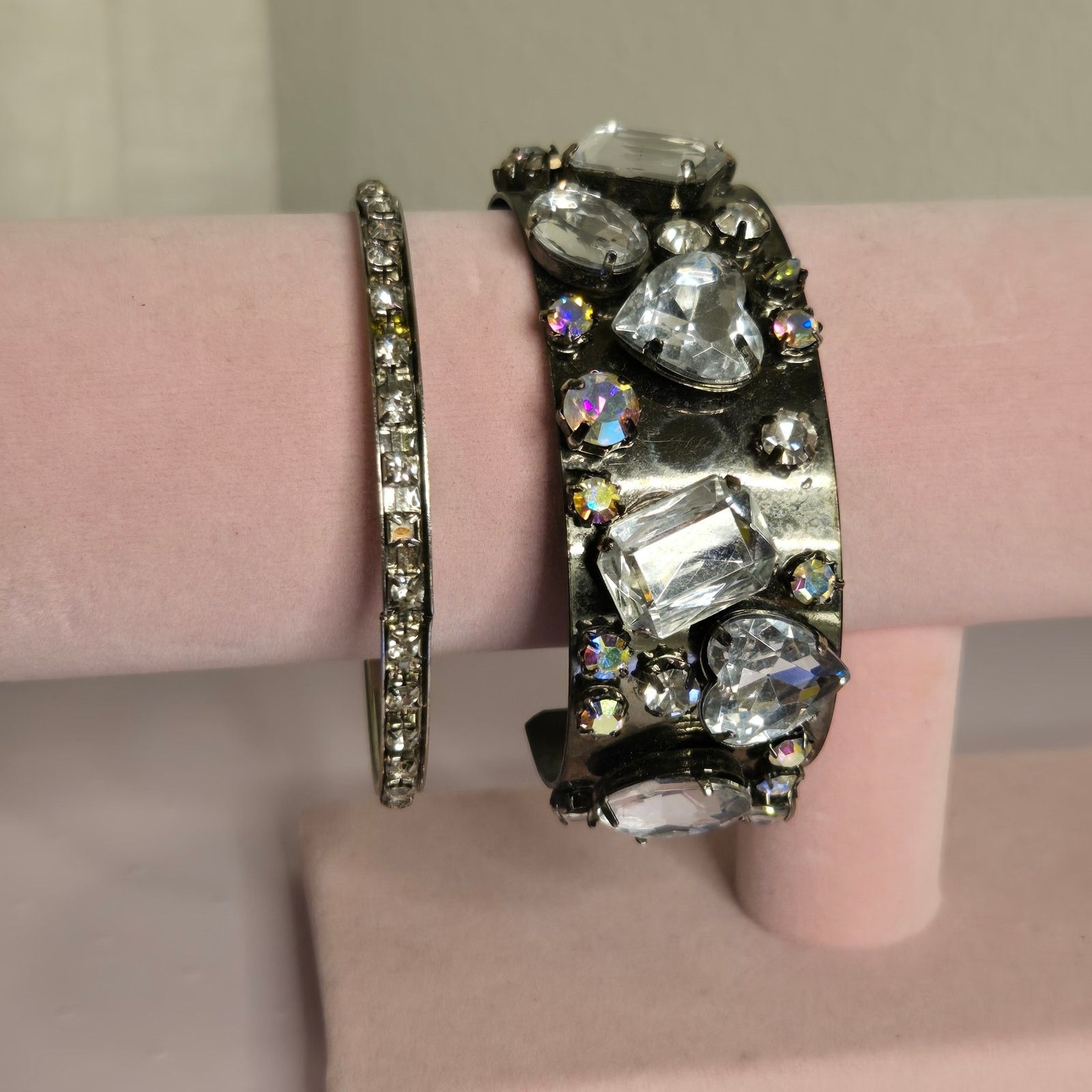 Vintage Clear Rhinestone Wide Bangle & Slender Tennis Bracelet Set Size ONE SIZE - 1 Thumbnail