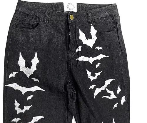 Japanese Brand × Jean Washed distressed pleated micro-flare bat-print jeans Size US 32 / EU 48 - 3 Thumbnail