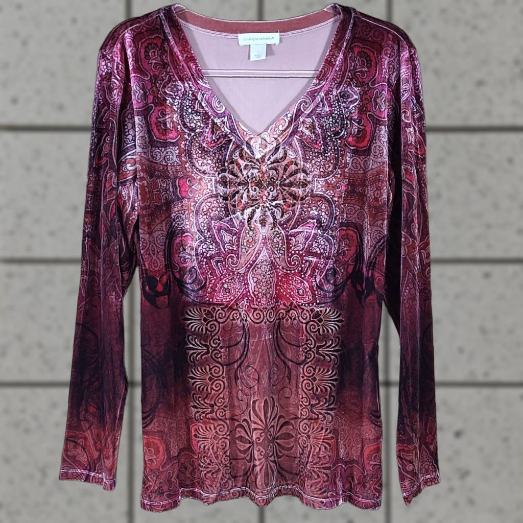Vintage VINTAGE Christopher & Banks Velvet Burnout Top Women L Paisley Embellished Burgundy Size L / US 10 / IT 46 - 1 Thumbnail