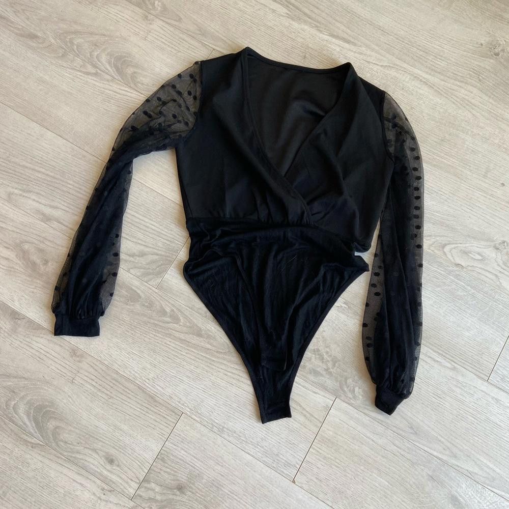 Designer Black Long Mesh Polka Dot Sleeve Bodysuit Size S / US 4 / IT 40 - 1 Thumbnail