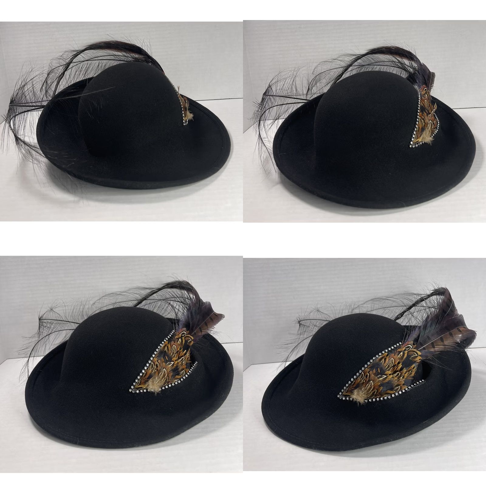 FELT VINTAGE Bollman Exccello Kentucky Derby Wool Felt Black Hat Rhinestone Feather Hat Ladies Mens Size ONE SIZE - 9 Thumbnail