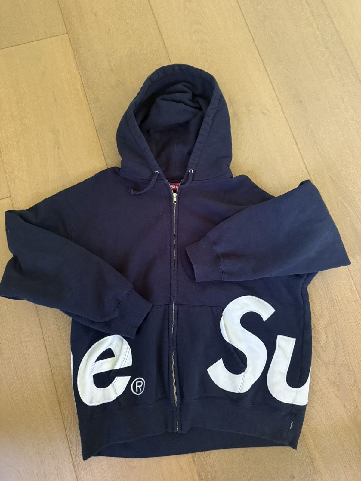 Supreme Satin Zip Up Logo Hoodie Navy