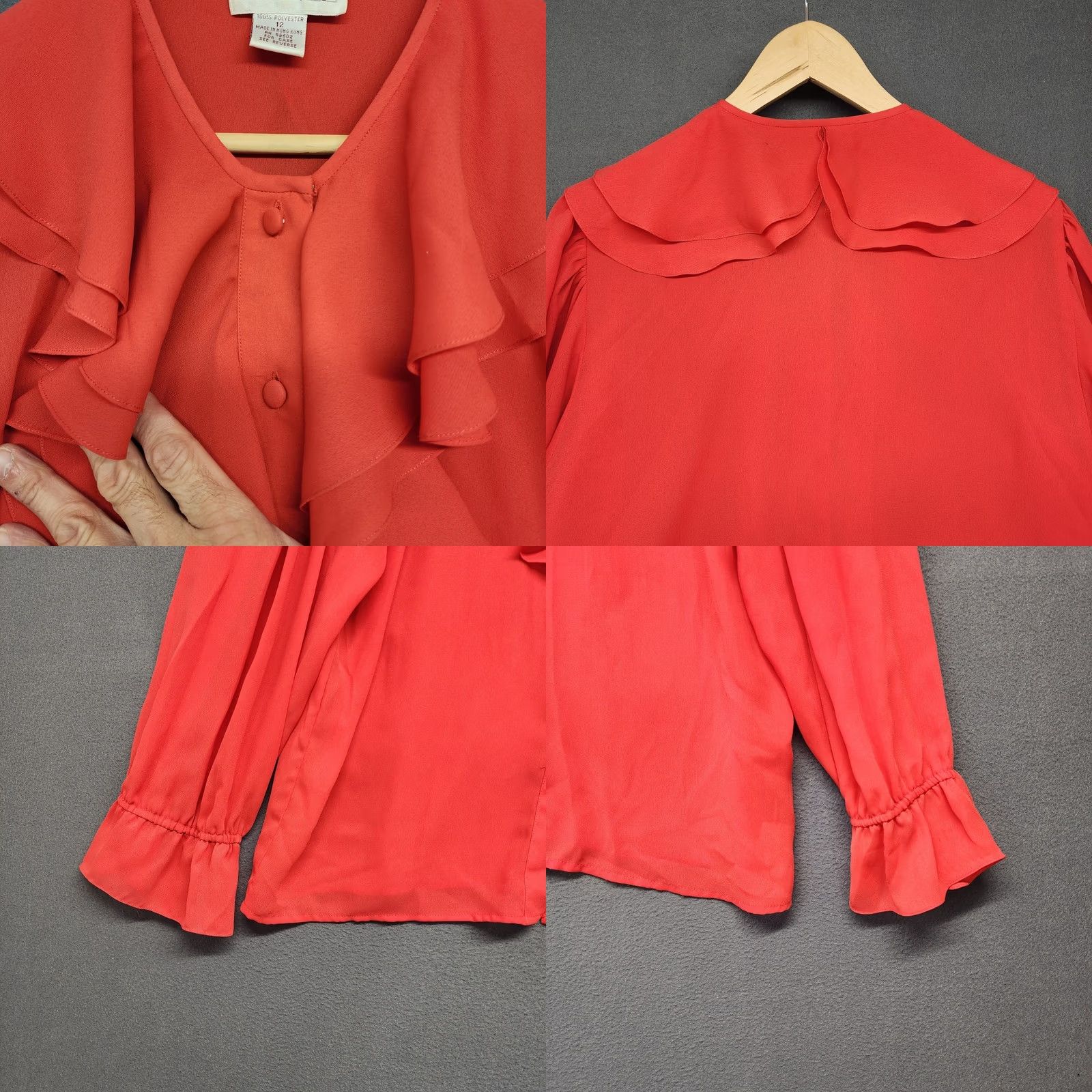 Worthington VINTAGE Worthington Blouse Womens L Red Long Sleeve Button Up Collar - Polyester, Solid, Ruffle, 12, Hong Kong, Regular, Womens Size L / US 10 / IT 46 - 8 Thumbnail