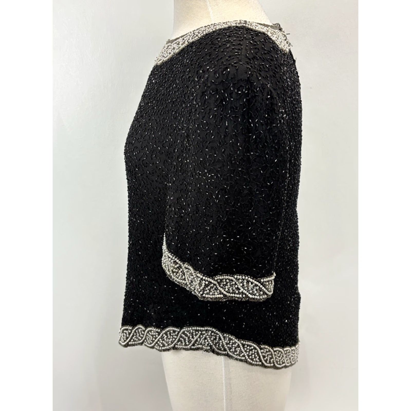 X-LARGE VINTAGE Laurence Kazar Beaded Top Shirt PXL Petite Black Silk Eveningwear 1990s Formal Womens Size XL / US 12-14 / IT 48-50 - 2 Thumbnail