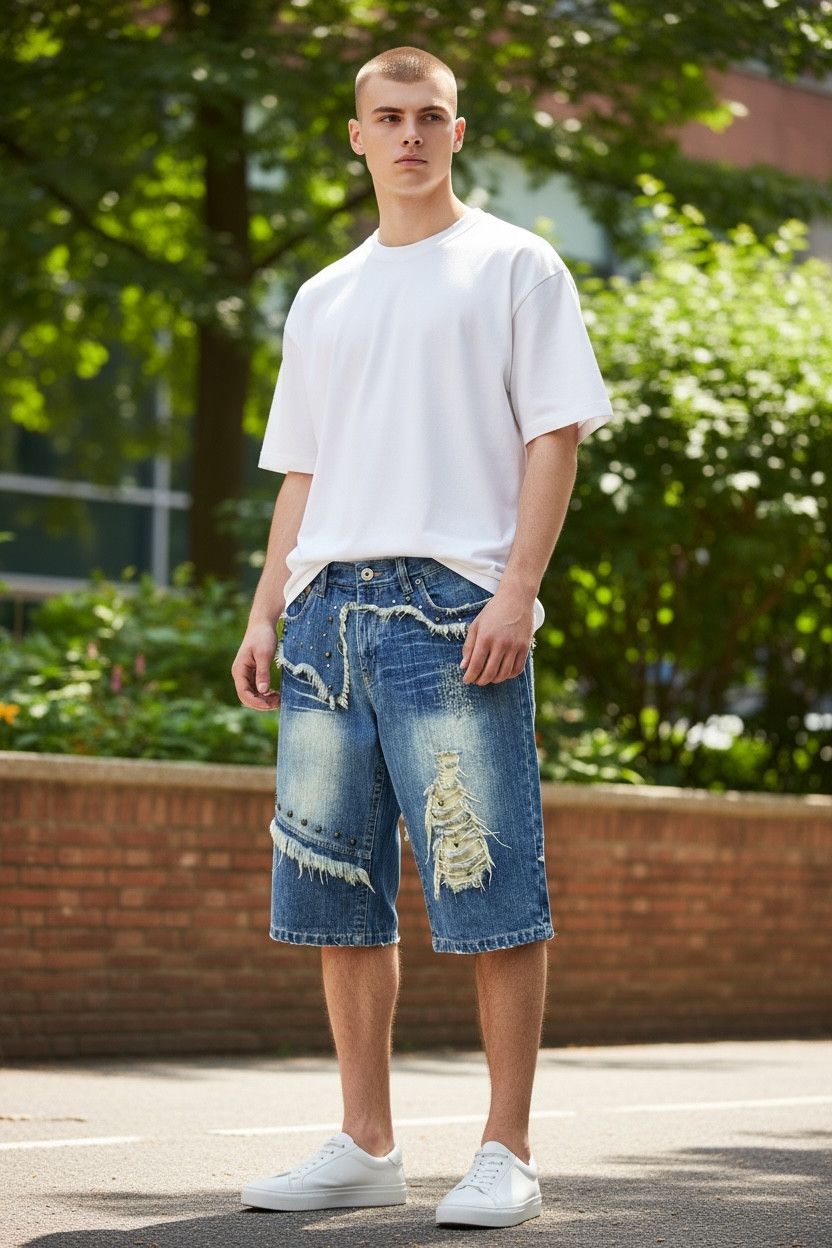 Fashion Victim 🔥Grunge Studded Frayed Spliced Piercing Ripped Denim Shorts Size US 32 / EU 48 - 2 Thumbnail