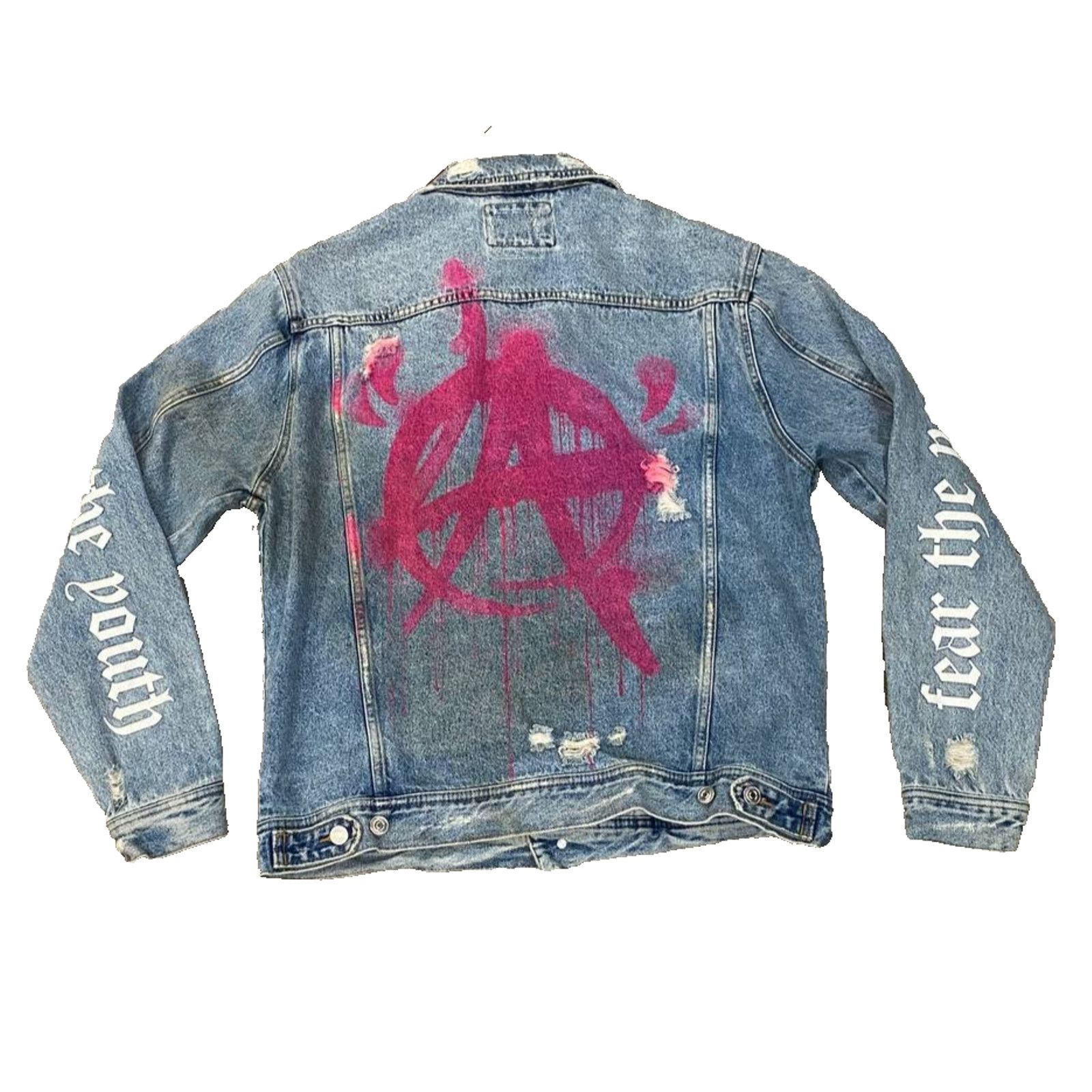 Other PUNK LA Anarchy Pink Distressed Jean Jacket Mosh Y2K sz M Size US M / EU 48-50 / 2 - 1 Thumbnail