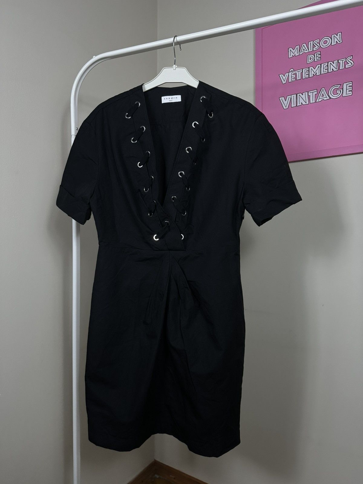 Sandro Sandro Paris Clara Lace-Up Mini Dress V-Neck Pleated Size S / US 4 / IT 40 - 7 Thumbnail