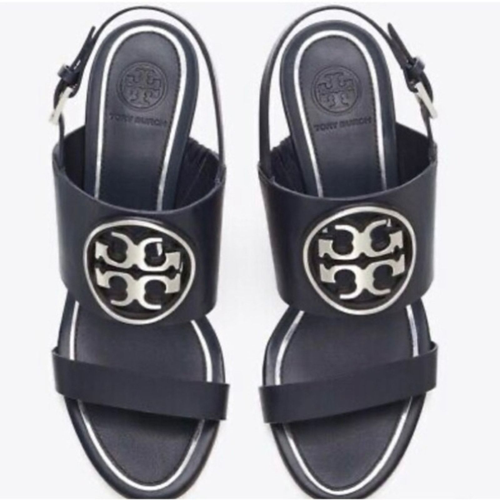 Tory Burch TORY BURCH Navy Blue Leather Silver Miller Wedge $350 Sandal Size US 8.5 / IT 38.5 - 4 Thumbnail
