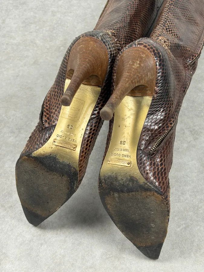 Dolce & Gabbana 2000s Dolce & Gabbana Brown Python Leather Knee-High Heeled Boots Size US 8 / IT 38 - 13 Thumbnail