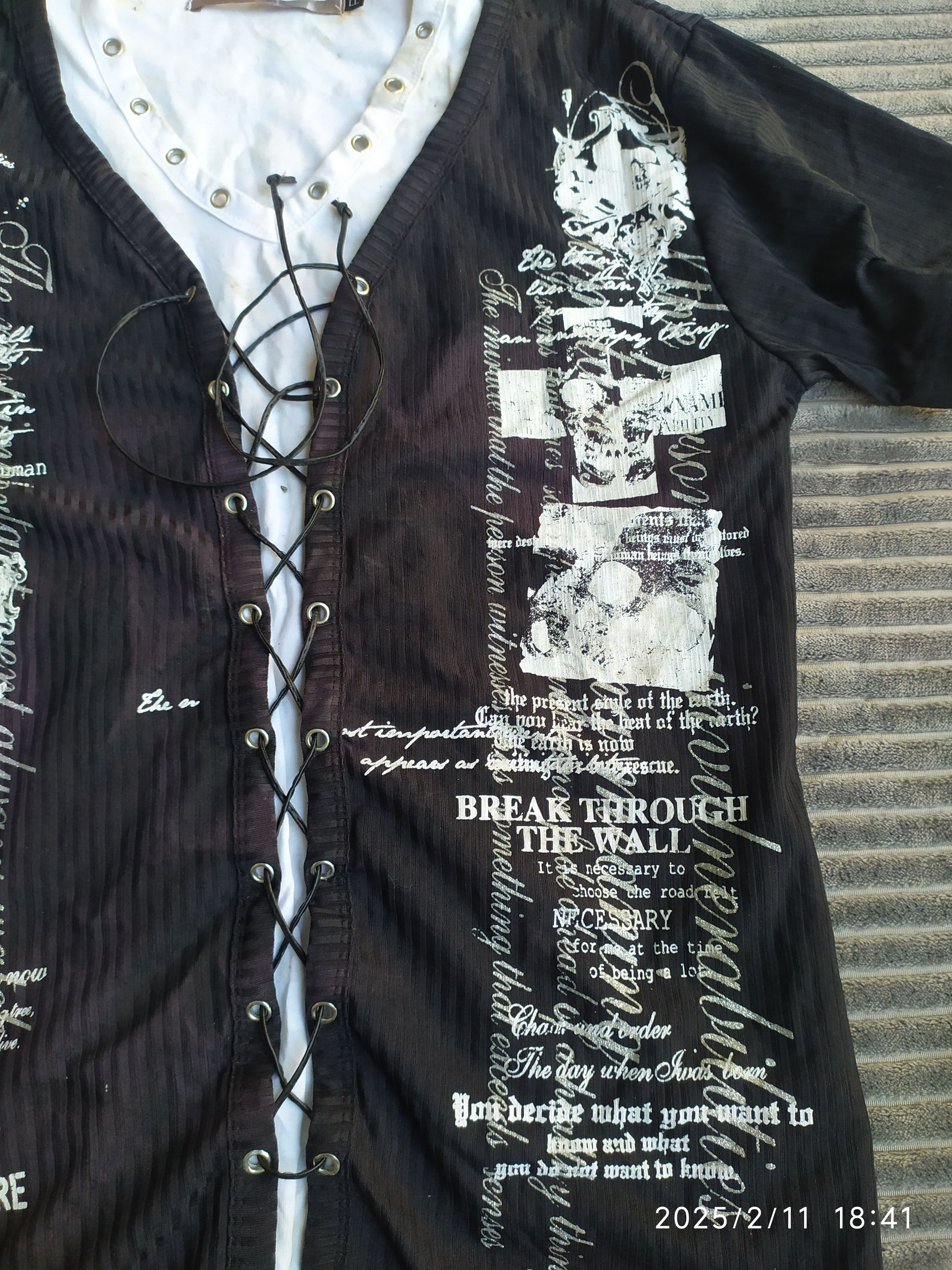 If Six Was Nine × Japanese Brand × KMRii Y2K Euroyal Double Layered Laces Poem Skull Shirt Size US L / EU 52-54 / 3 - 8 Thumbnail