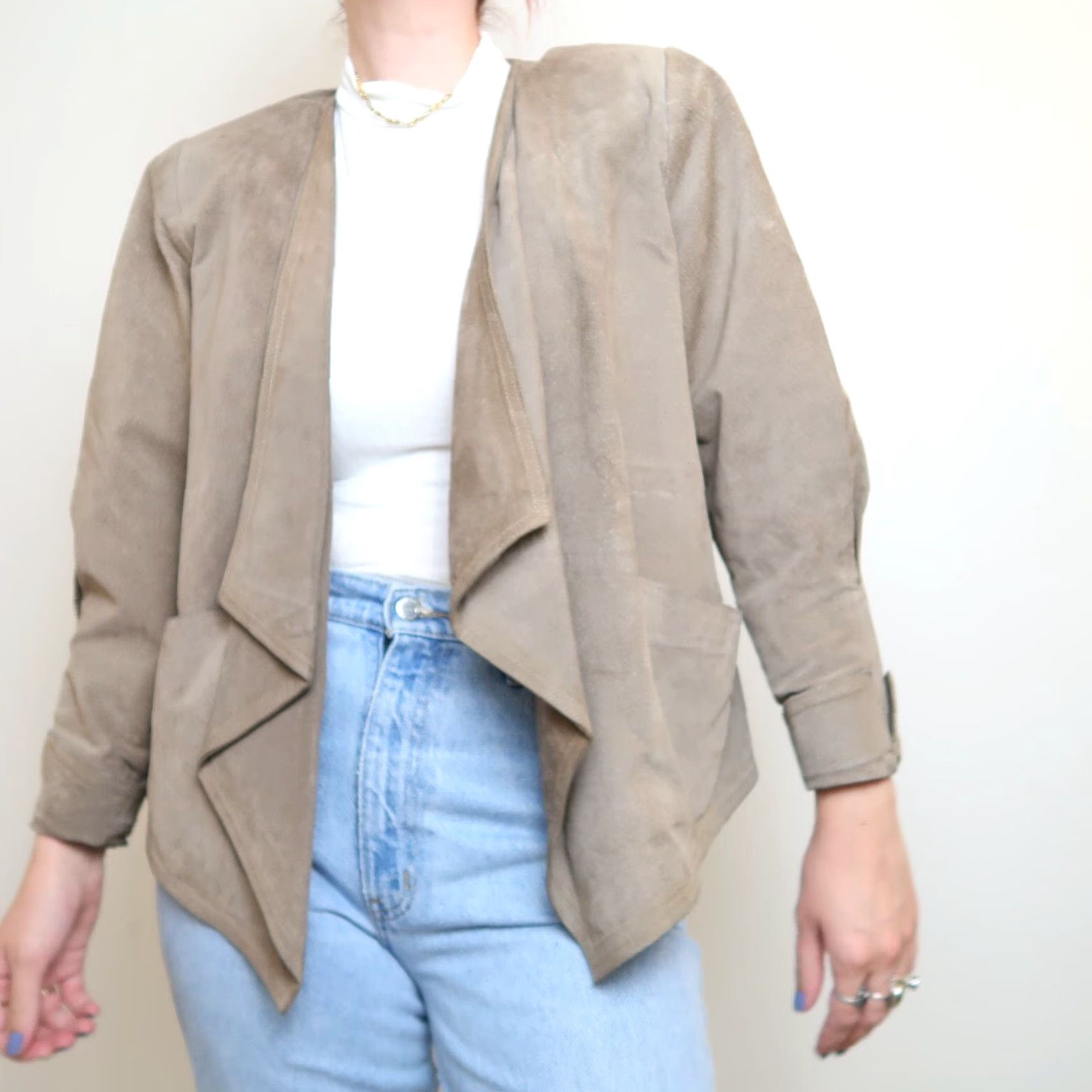 Vintage VINTAGE 80s Petite Sophisticate Suede Leather Jacket S Taupe Brown Pig Suede Waterfall Collar Casual Womens Size S / US 4 / IT 40 - 7 Thumbnail