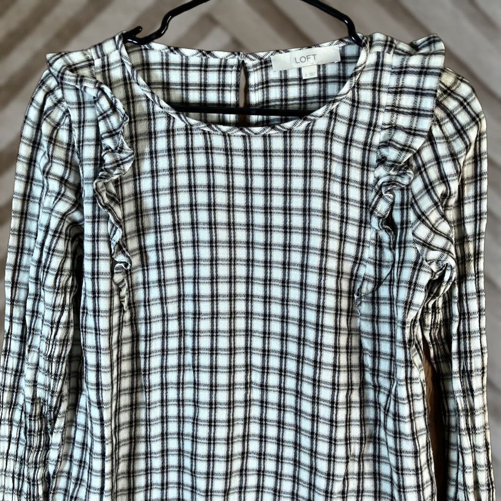 Loft LOFT Womens Blouse White Multicolor Plaid Ruffle Long Sleeve 100% Cotton Small Size S / US 4 / IT 40 - 1 Thumbnail