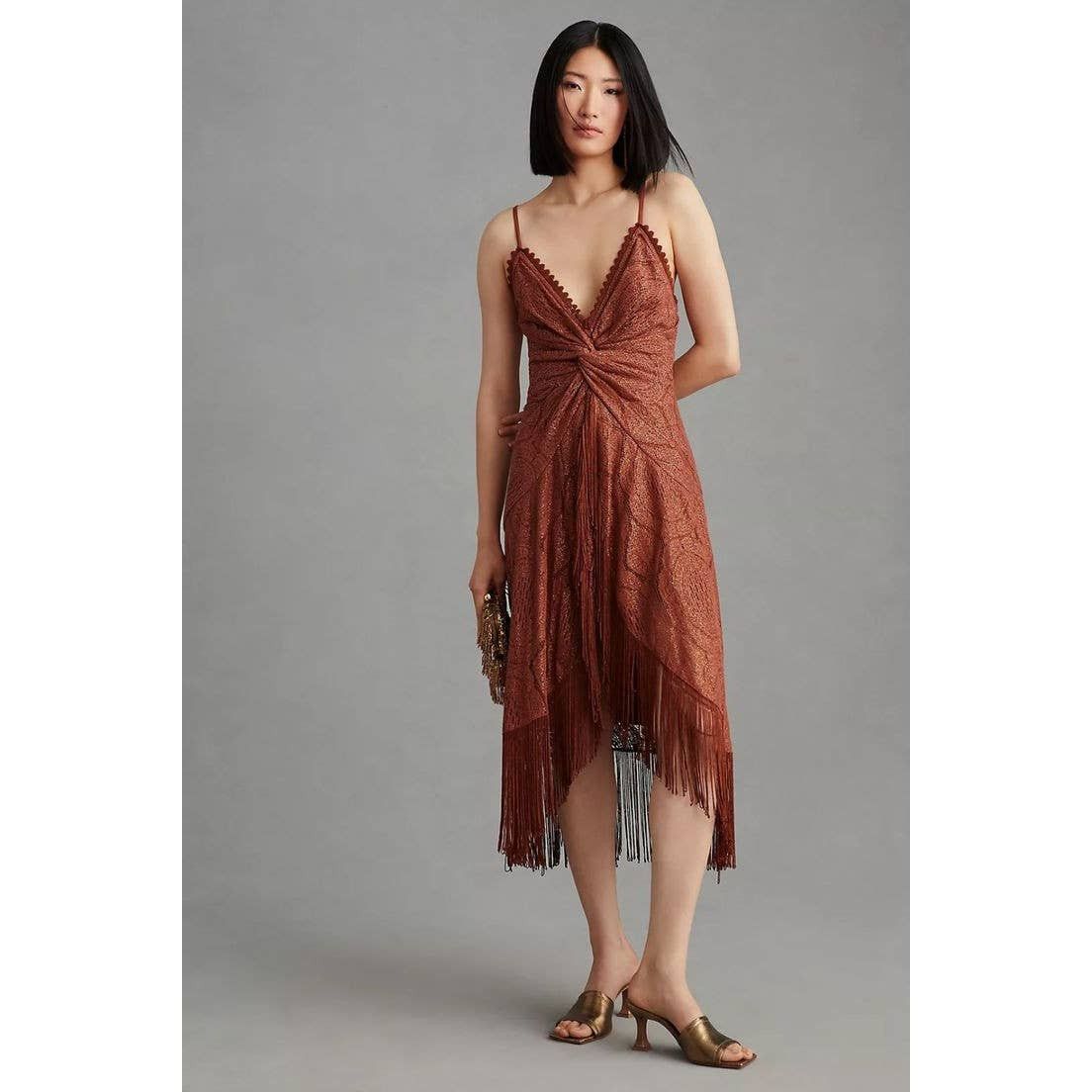 image of New Anthropologie Bhanuni By Jyoti Crochet Fringe Dress $230 in Brown, Women's (Size XL)