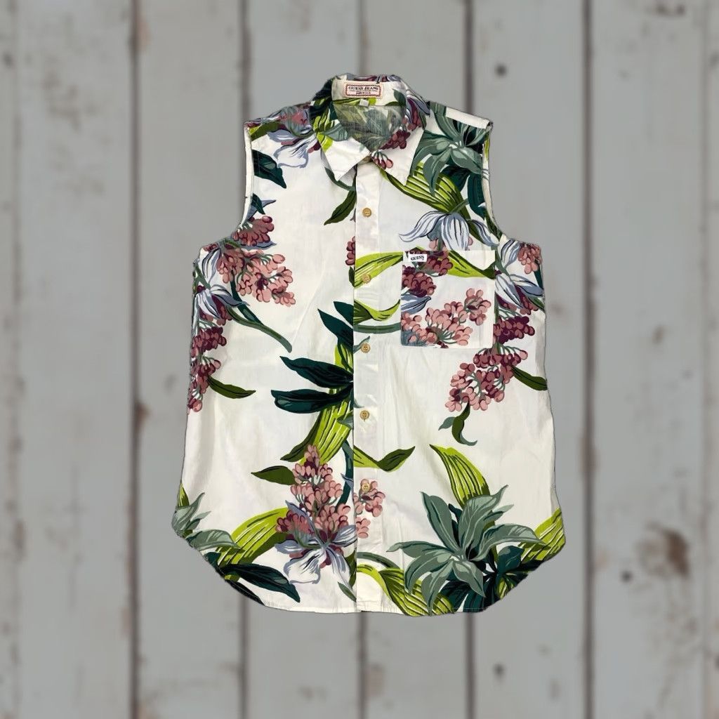 Guess VINTAGE GUESS Sleeveless Blouse Top Women's L Purple Floral 90s Cotton Shirt Womens Size L / US 10 / IT 46 - 1 Thumbnail