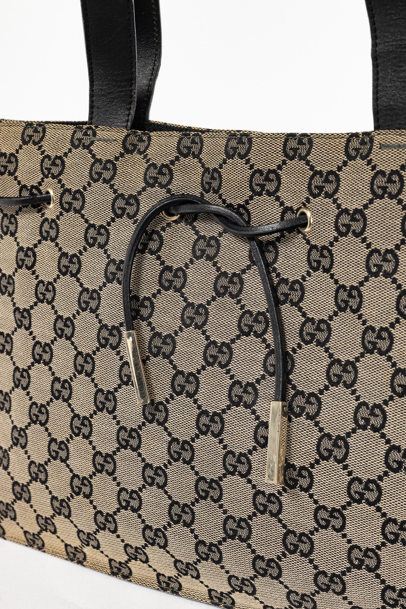 Gucci Gucci Khaki GG Canvas Black-Leather Drawstring Tote Size ONE SIZE - 8 Thumbnail