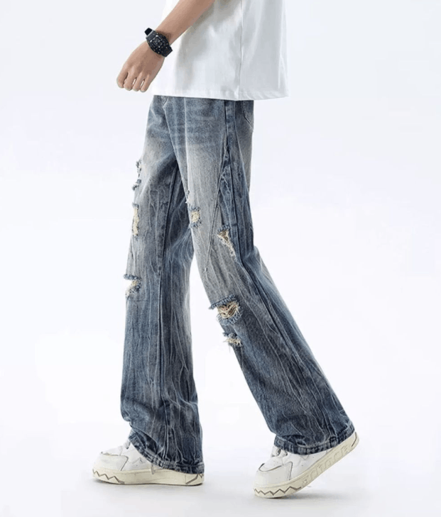Jean Street men's heavy washed distressed ripped flared jeans Size US 32 / EU 48 - 4 Thumbnail