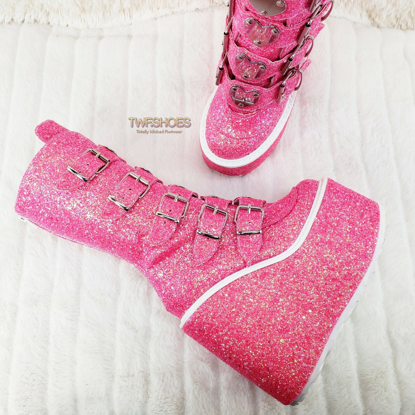 Other Swing 230G Pink Glitter Boot 5.5" Platform Heart Strap Goth Size US 10 / IT 40 - 3 Thumbnail