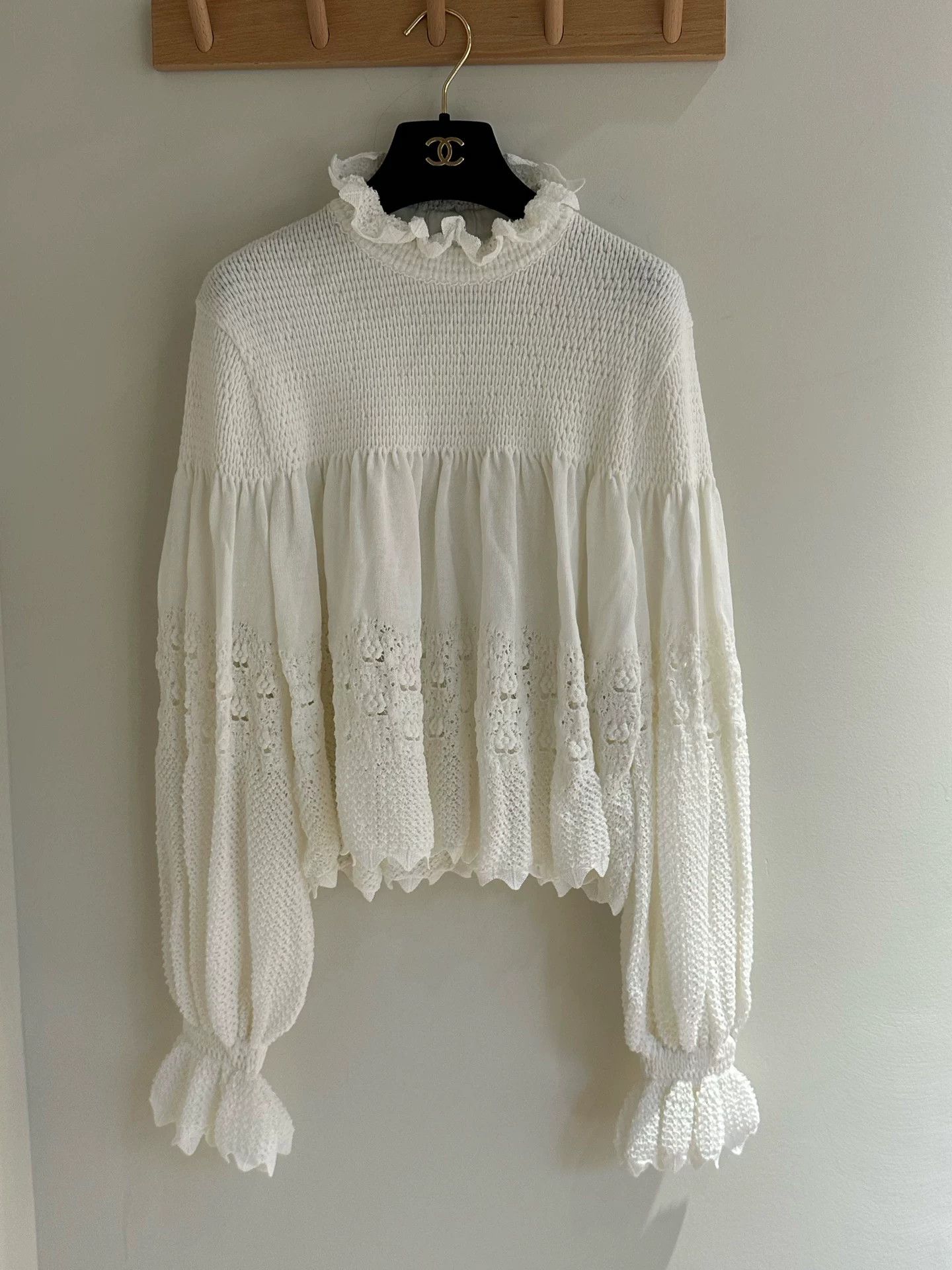 Chanel 20S White Ruffle Knit Top