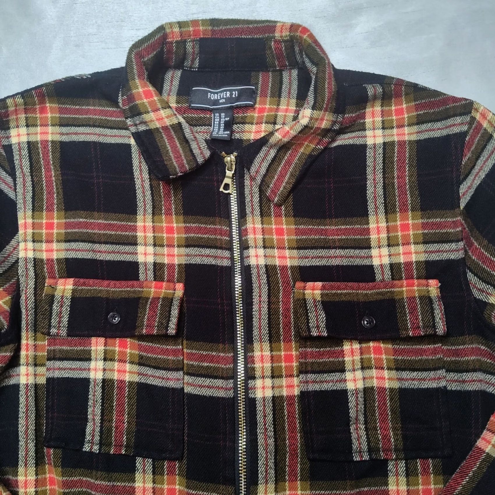 Forever 21 FOREVER 21 Men XS Black Orange Plaid Full Zip Flannel Shacket Jacket Size US XS / EU 42 / 0 - 7 Thumbnail