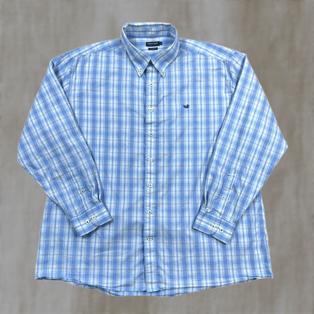 Vintage Southern Marsh Shirt Men 2XL Blue Plaid Button-Up Knit-Blend Wool? No, Cotton Nylon Spandex, Logo Modern Preppy Classic 2XL Mens Shirt Size 48R - 1 Thumbnail