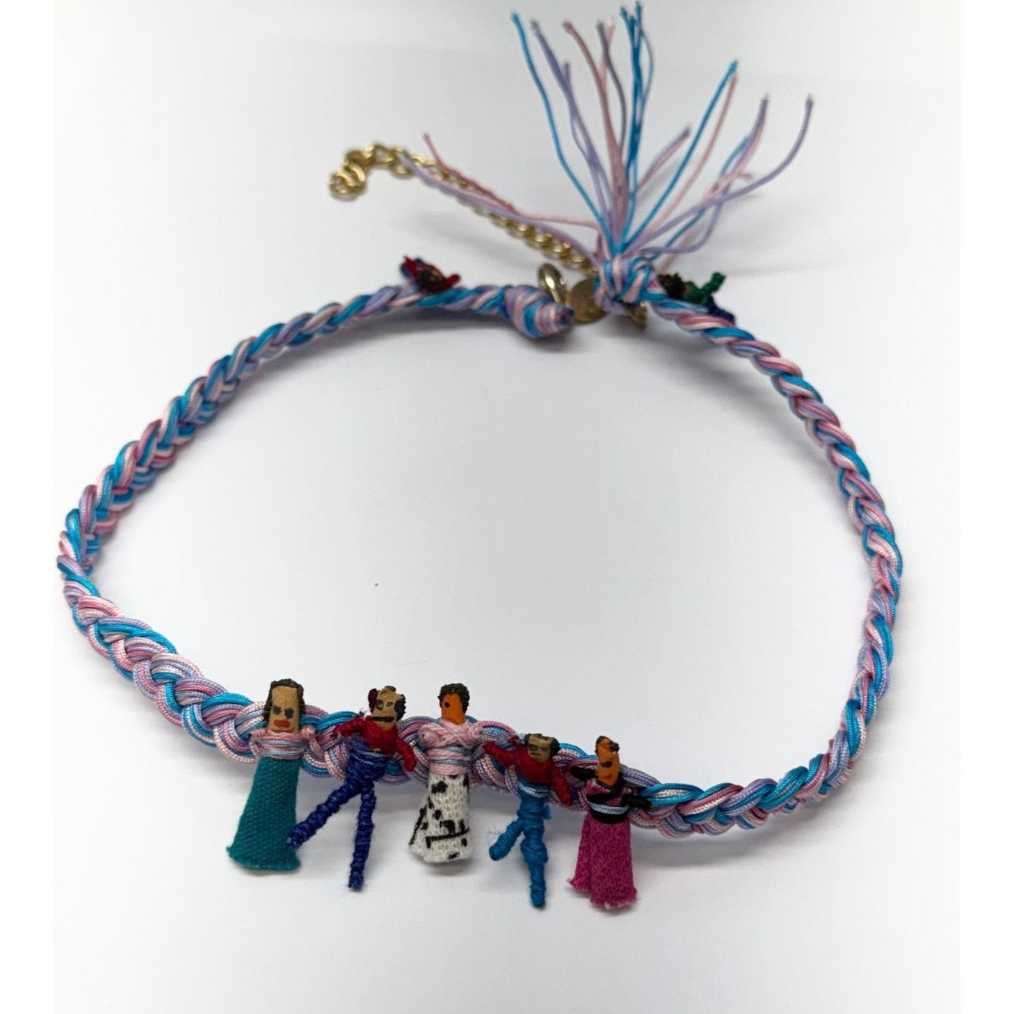 Vintage woven worry doll necklace pastel braid