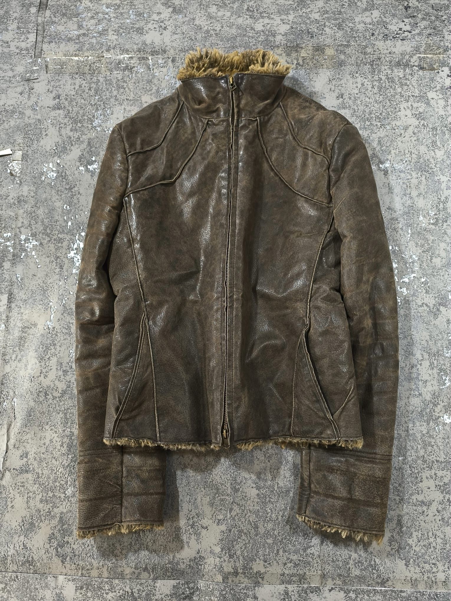 Genuine Leather moto highcollar distressed pigskin leather fauxfur jacket Size M / US 6-8 / IT 42-44 - 10 Thumbnail