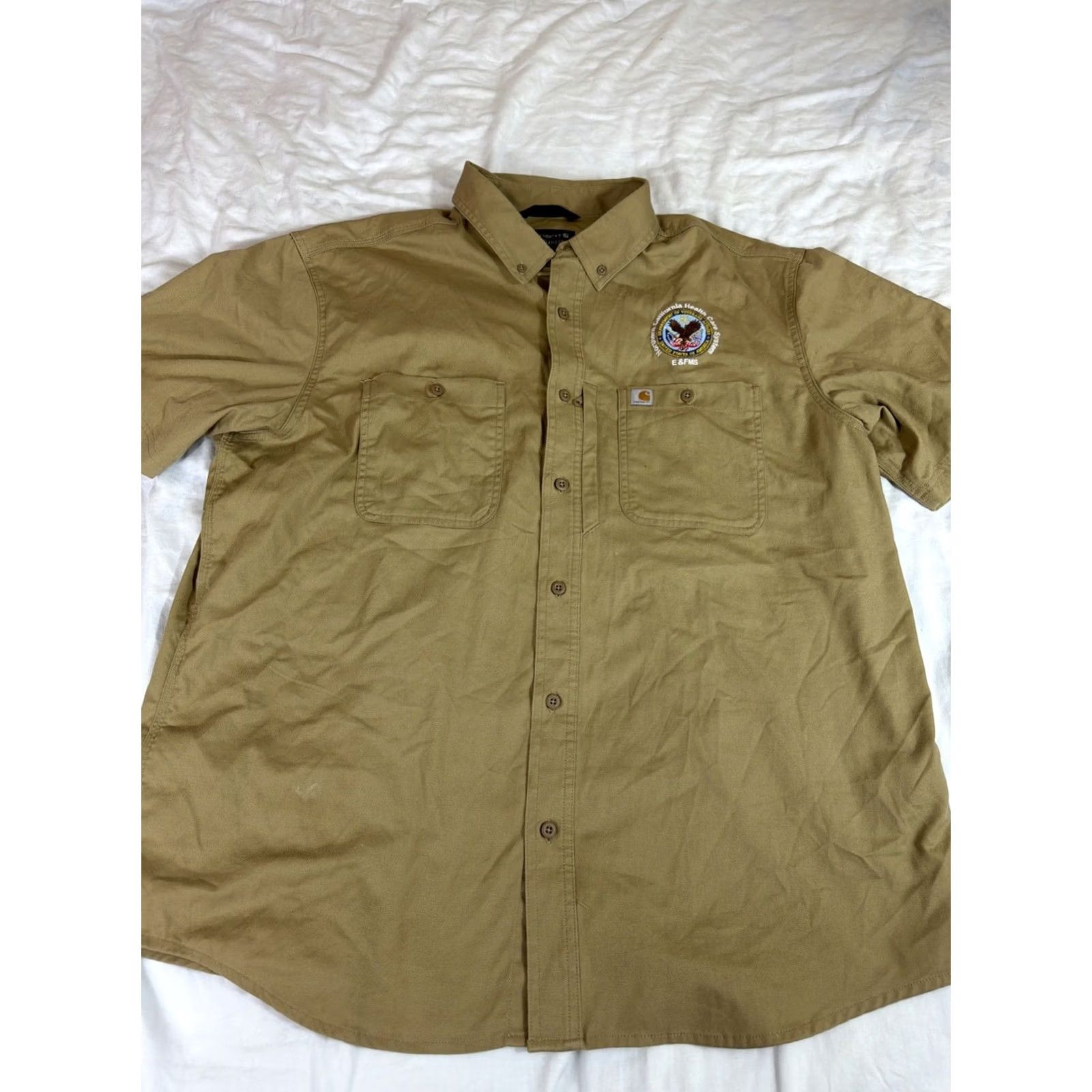 Carhartt Carhartt Shirt Mens XXL Beige Button-Up Embroidered Rugged 106688 Short Sleeve Solid Canvas Pocket Zipper Breathing Easy Care Size US XXL / EU 58 / 5 - 2 Thumbnail