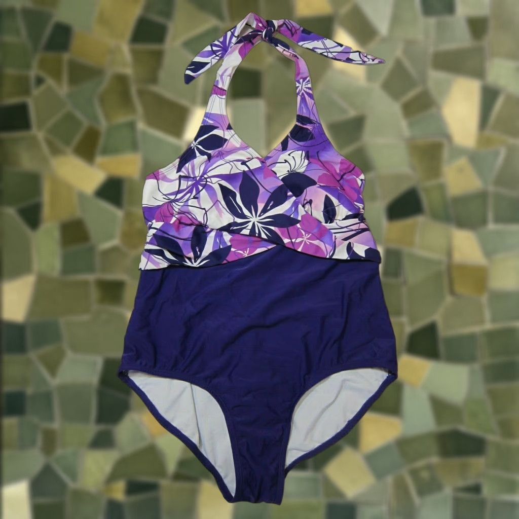 Catalina VINTAGE Catalina Purple White Hawaiian Floral Halter One Piece Swimsuit Women Size 1X/16 Size ONE SIZE - 1 Thumbnail