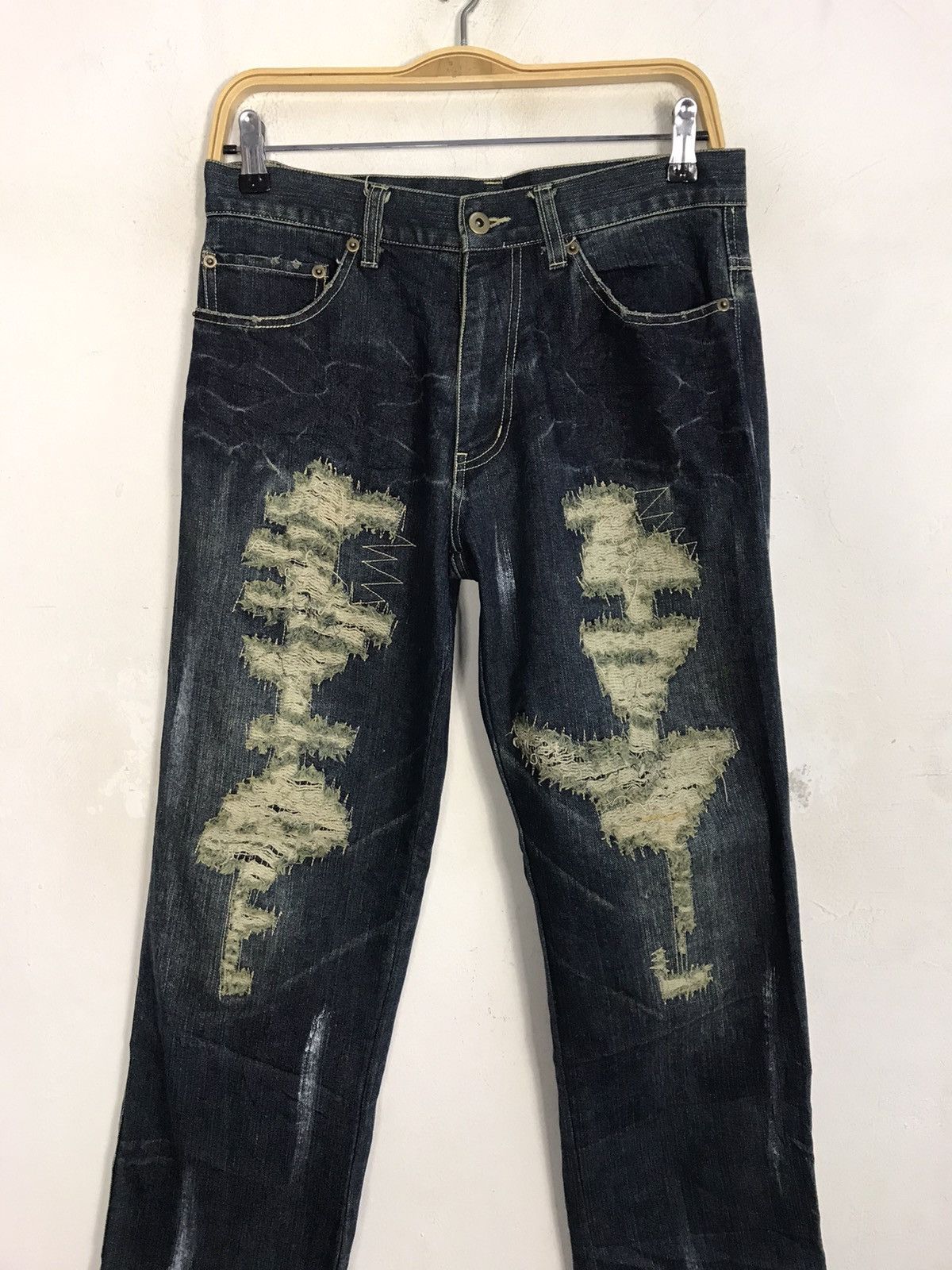 Japanese Brand Distressed Massive Squad Leather Flap Pocket Denim Jeans Size US 30 / EU 46 - 3 Thumbnail
