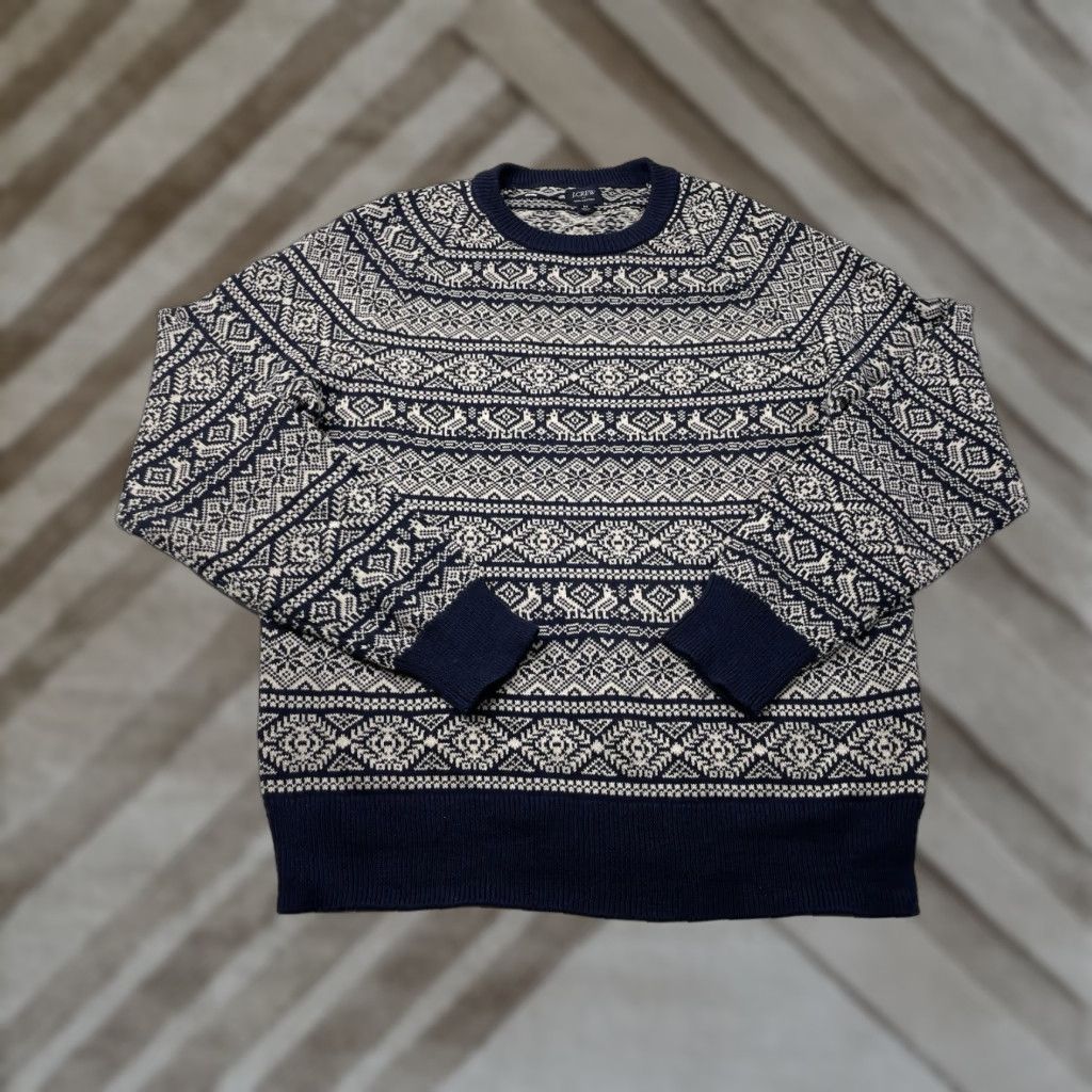 J.Crew VINTAGE J.Crew 100% cotton crewneck Fair Isle Nordic sweater Navy White Mens Medium Size US M / EU 48-50 / 2 - 1 Thumbnail