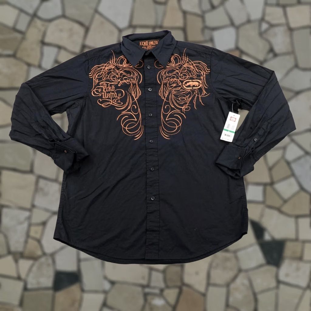 Ecko Unltd. VINTAGE Ecko Unltd Shirt Mens Large Black Embroidered French Flip Cuffs Tribal Y2K NEW Size US L / EU 52-54 / 3 - 1 Thumbnail